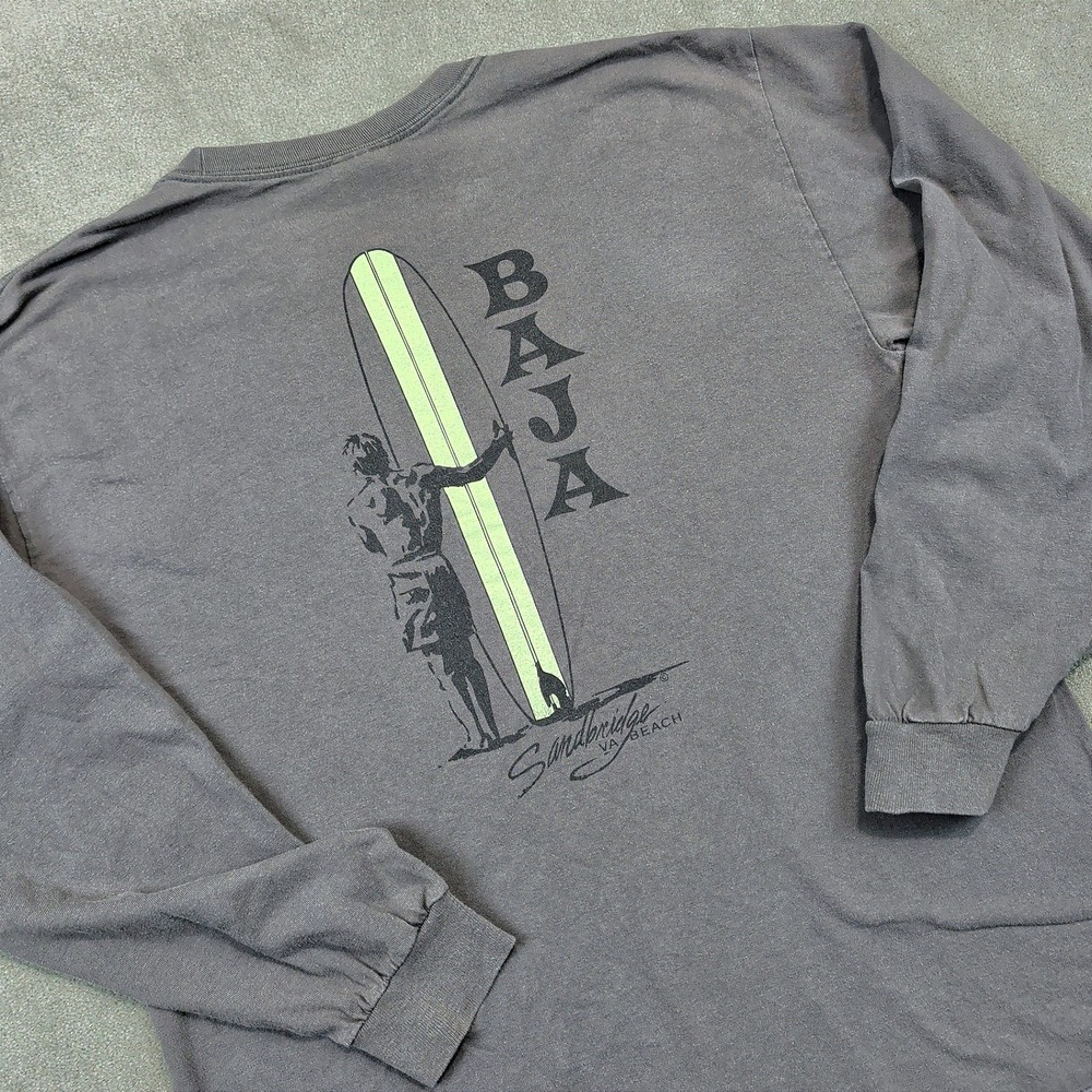 Baja Sandbridge VA Beach Y2K Surf Shirt Men L Gray Long Sleeve Longboard Coastal